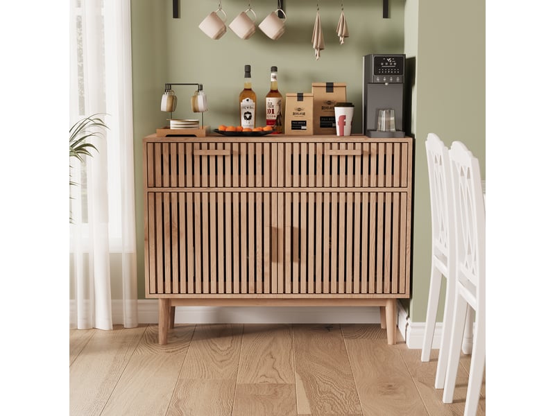  Buffet de cuisine 100 x 35 x 80 cm - bois clair - meuble de rangement avec 2 tiroirs, 2 portes et façade à lattes, style scandinave et japonais  - Conforama E