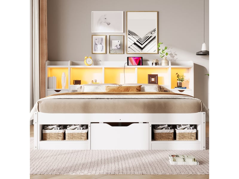  Cadre de lit plateforme 140 x 200 cm avec tiroirs, rangements, led et usb, blanc  - Conforama D