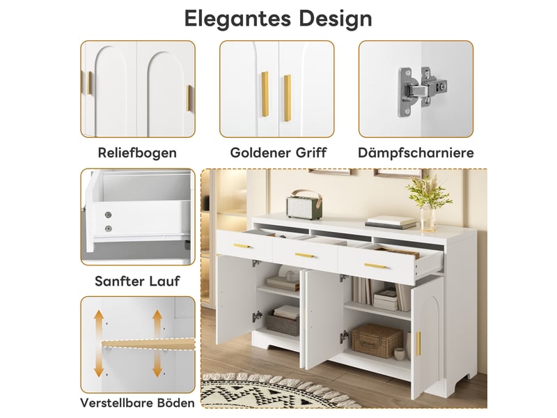  Buffet blanc 140x40x83 cm, meuble de rangement moderne avec 4 portes et 3 tiroirs, idéal pour décoration et petits électroménagers en entrée ou cuisine  - Conforama D