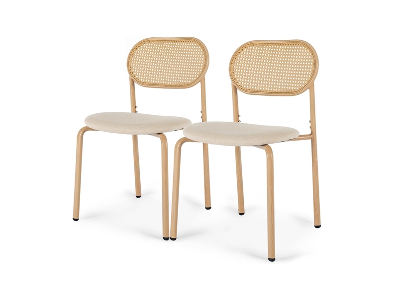 Lot de 2 chaises de salle à manger en rotin – design scandinave et japonais, assise rembourrée beige, structure bois naturel - Conforama A