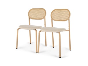 Lot de 2 chaises de salle à manger en rotin – design scandinave et japonais, assise rembourrée beige, structure bois naturel