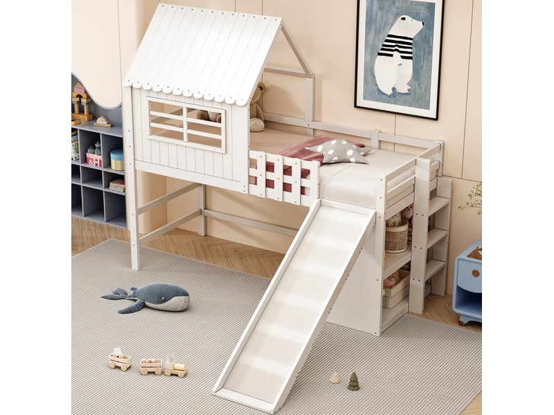  Lit enfant mezzanine, 90x200 cm, toboggan prolongé, échelle, espace rangement, matelas non inclus, bois, coloris blanc  - Conforama B