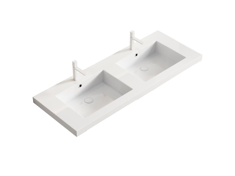  Vasque double à poser en résine blanche, deux cuves ergonomiques et bords arrondis pour salle de bain 120 × 46 × 5 cm  - Conforama A