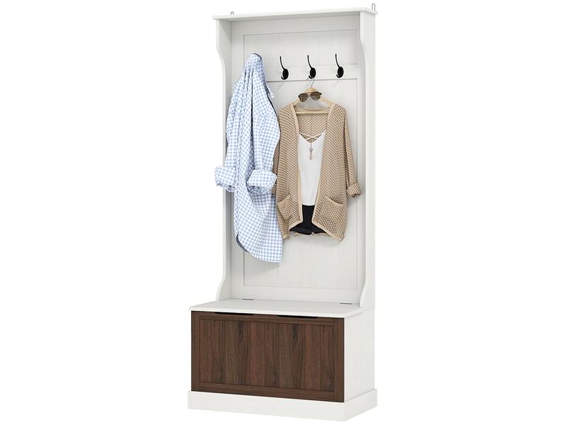  Porte-manteau 3 en 1 avec 4 crochets et banc de rangement, en bois, 71,5 x 39,5 x 170 cm, blanc  - Conforama B