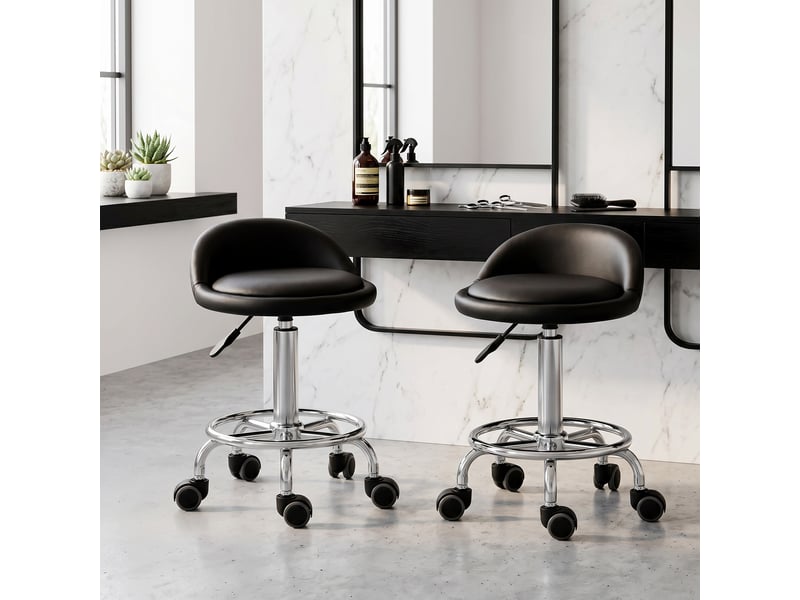  Lot de 2 tabouret à roulette pivotant 360°, acier chromé revêtement synthétique noir, assise réglable 47-62h cm  - Conforama D