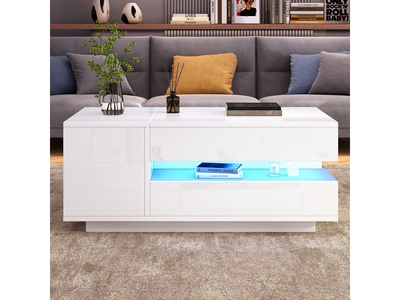  Table basse relevable blanche 95x50cm, table de salon avec led et plateau hydraulique, table basse avec rangement caché  - Conforama R