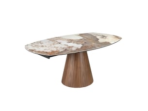 Table de salle à manger extensible ovale en forme de tonneau en marbre porcelanique et bois de noyer