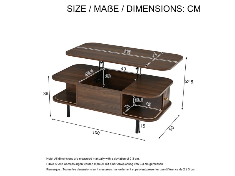 Table basse relevable 101 x 51 x 52 cm rangement à deux volets table basse avec rangement plateau réglable en hauteur configuration 2-en-1 structure en mdf finition noyer quatre pieds bords arrondis capacité de charge 75 kg - Conforama C
