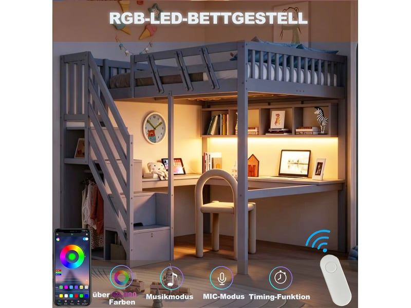  Lit mezzanine enfant 140x200 cm – gris – bureau, rangements et éclairage led intégré – sans matelas  - Conforama E
