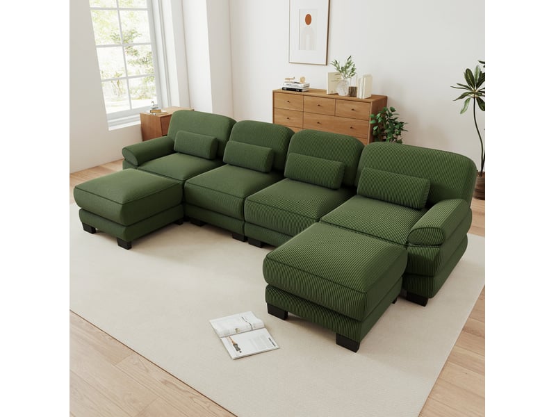  Canapé modulaire tcqpz 4 places en u avec 2 poufs 336 x 161 x 94 cm velours côtelé vert  - Conforama D