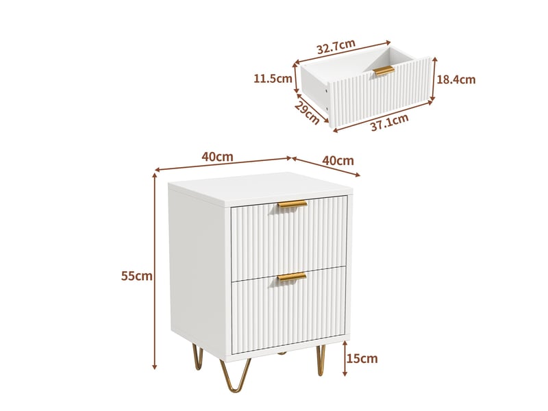  Lot de 2 tables de chevet 40x40x55cm avec 2 tiroirs, bois et pieds en métal, design ondulé moderne, blanc  - Conforama E