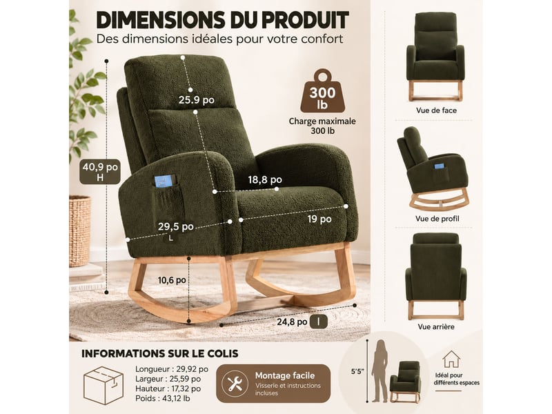  Fauteuil à bascule pour chambre de bébé, tissu teddy, mousse haute densité, cadre bois stable, poche latérale,75*63*104cm,vert  - Conforama B