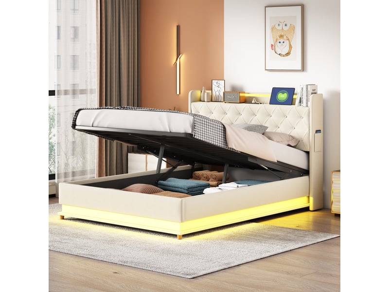  Lit rembourré 140*200 cm beige avec led, usb et rangement hydraulique, lin doux et résistant  - Conforama D