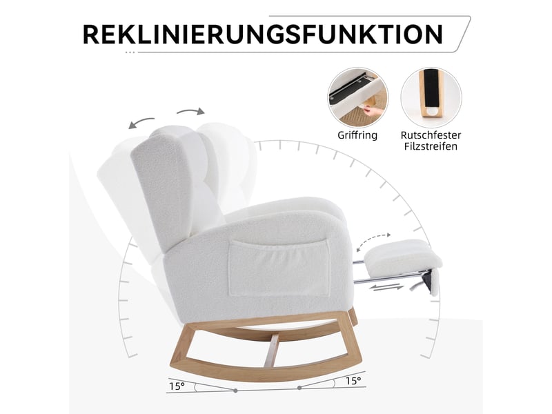  Fauteuil à bascule,122.5x70x104 cm,avec repose-pieds,tissu teddy,blanc  - Conforama E