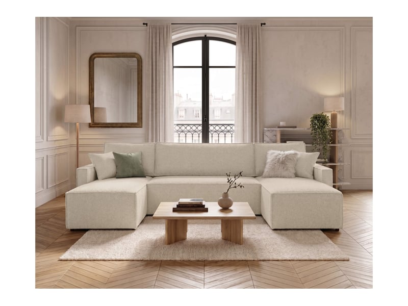  Farah - canapé d'angle panoramique convertible 6 places accoudoirs slim en tissu bouclettes texturées  - Conforama B