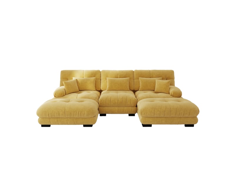  Canapé modulable d'angle en u avec ottoman, canapé salon contemporain en chenille jaune, grand format 313x145 cm  - Conforama A