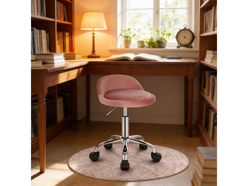  Tabouret de bureau pivotant avec hauteur réglable et dossier bas - lpospi - roulettes silencieuses, velours rose  - Conforama C
