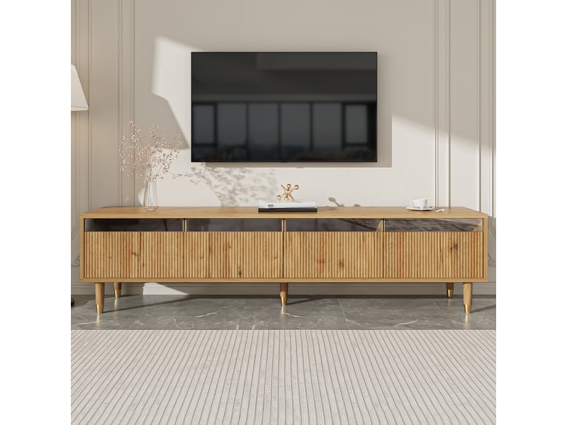  Meuble tv bas 178x35x45cm avec passe-câbles rangement | design minimaliste effet bois et façades acrylique | 4 tiroirs charge 50kg - bois naturel  - Conforama D