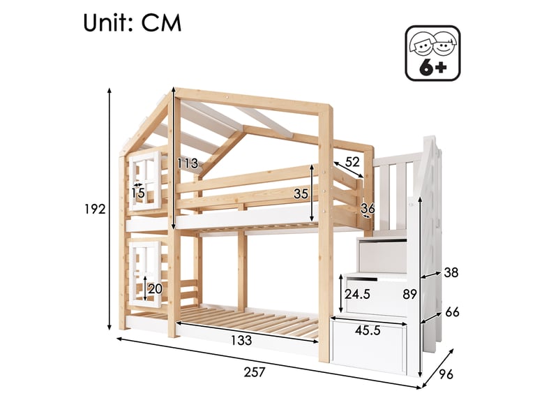  Lit superposé enfant cabane 90x200 cm avec rangement, bois et mdf naturel blanc  - Conforama E
