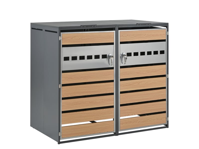  Cache-poubelles 2 compartiments avec couvercle rabattable, portes verrouillables, métal extérieur  - Conforama D
