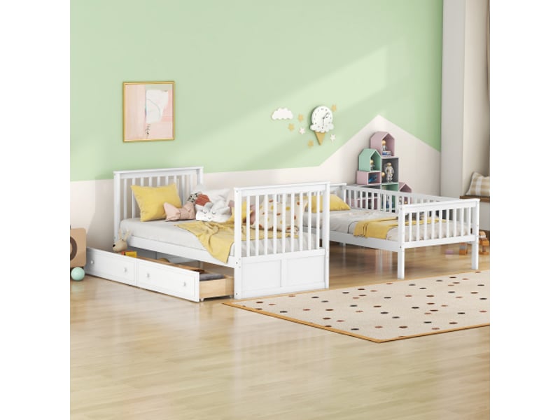  Lit superposé 90x200 cm, lit enfant avec 2 tiroirs et sommier à lattes, en bois, blanc, sans matelas  - Conforama C