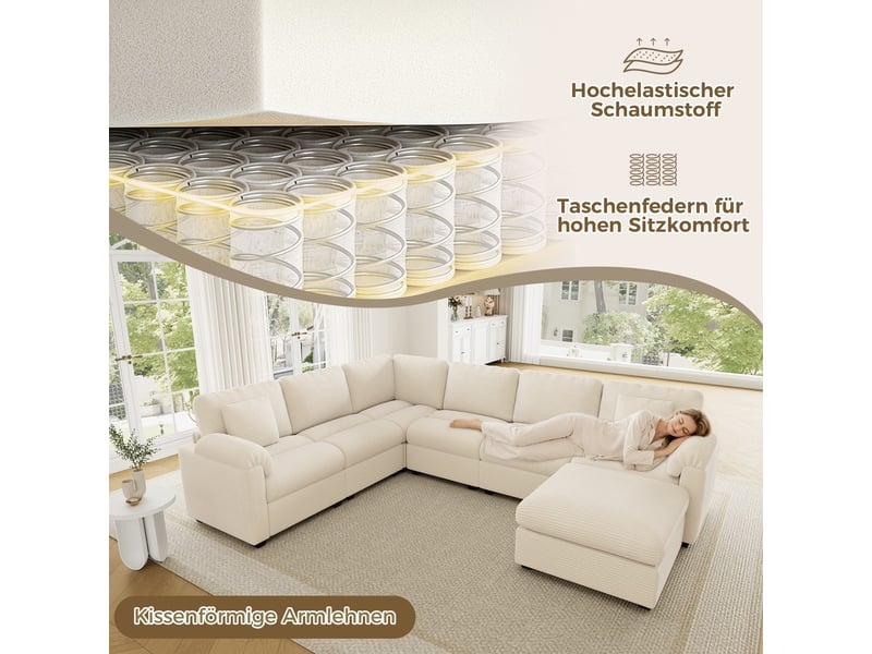  Canapé d'angle modulable xxl en velours beige 7 places avec coussins et pouf séparé pour salon  - Conforama E