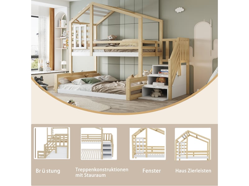 Lit superposé 90*200cm en pin, design maison avec fenêtre, échelle de rangement, naturel  - Conforama E