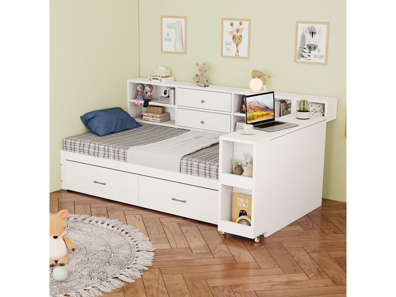  Lit sofa en bois 90 x 200 cm blanc avec bureau escamotable, 2 tiroirs, usb et rangement  - Conforama D