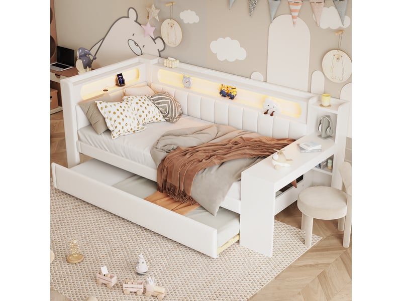  Lit gigogne rembourré 90x200cm coloris blanc mdf led lit enfant blanc - Conforama B