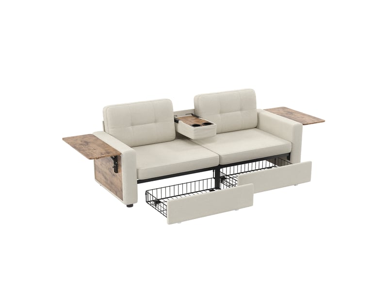 Canapé modulable 2 places avec 2 tiroirs,178x71x57.5cm,assise réglable,tablette ordinateur,porte-gobelets,tissu chenille,beige - Conforama A