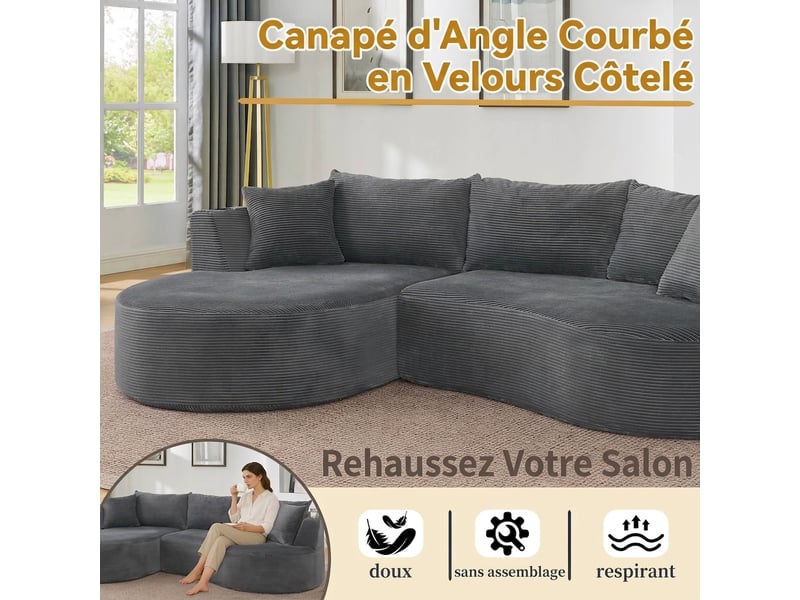  Canapé 3 places avec méridienne gauche design incurvé velours côtelé doux porte-gobelets  - Conforama W