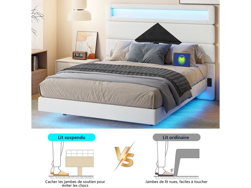 Lit 140x190 avec led ,lit double avec port usb-c, lit suspendu, cadre de lit 140x190 cm, velours, blanc et noir - Conforama D