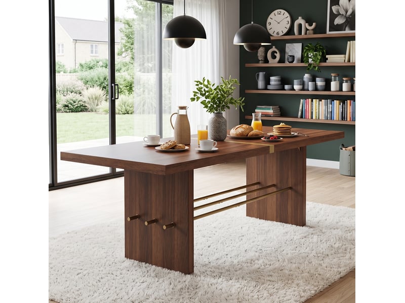 Table à manger 180x75x75 cm mdf coloris noyer et doré, 6 à 8 personnes - Conforama E