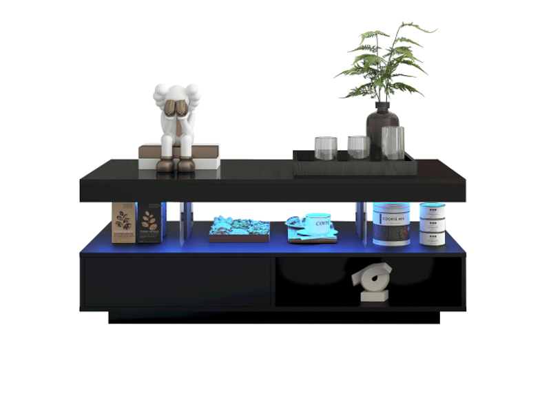  Table basse noir brillant 95×50×42,5 cm avec plateau verre, 2 tiroirs et niches – design moderne  - Conforama A