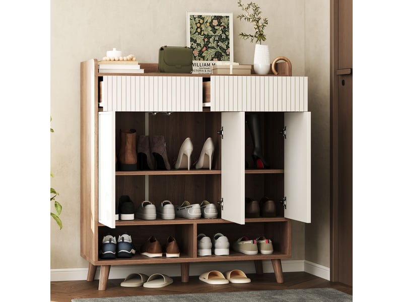  Meuble à chaussures 90 x 35 x 100 cm rangement chaussures 3 portes 2 tiroirs compartiments à chaussures pieds en bois blanc aspect bois  - Conforama B