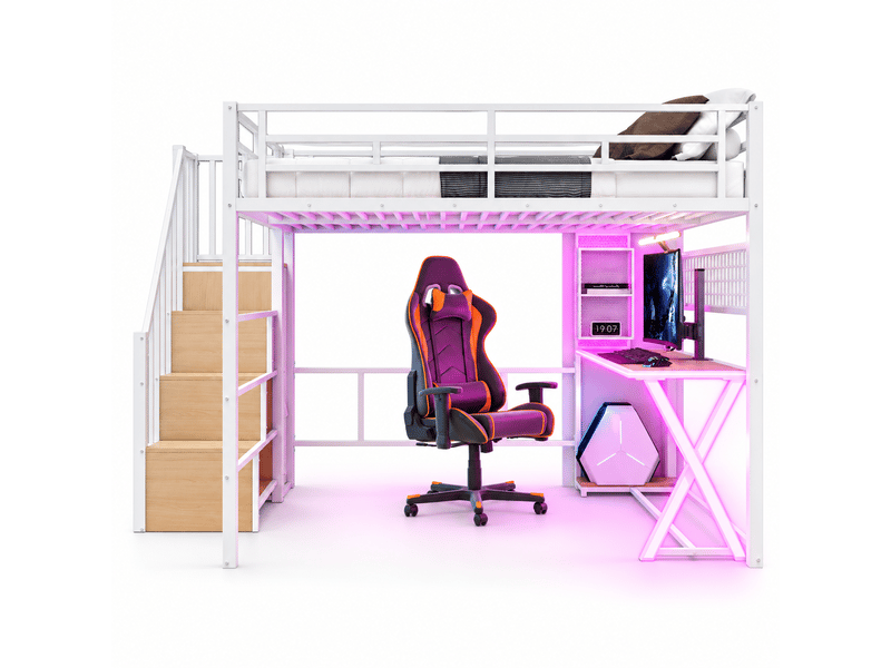  Lit mezzanine 160x200 cm avec bureau intégré, armoire, étagères, escalier de rangement, led, structure métal et mdf, gain de place, blanc  - Conforama A