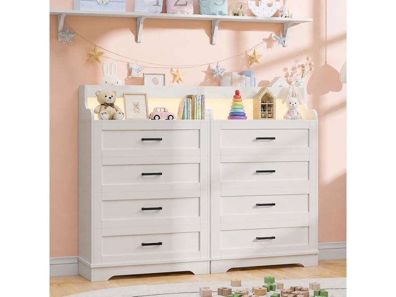 Commode blanche 4 tiroirs 73x40x114 cm, commode chambre avec éclairage led rgb et étagère ouverte, bois, moderne, blanc - Conforama D