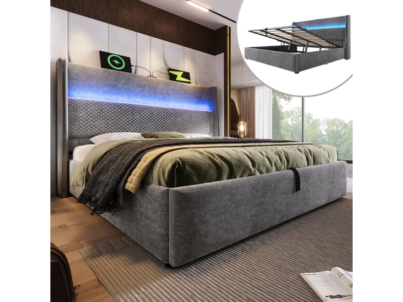  Lit hydraulique avec haut tête en lin gris 180 x 200 cm  - Conforama D