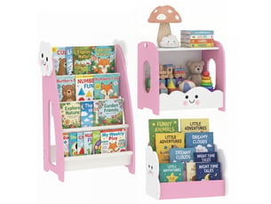 Meuble rangement enfant 3 à 8 ans, rangement jouets enfant modulaire avec porte-magazines à 4 étagères, rose