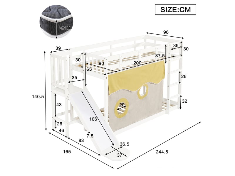  Modenvie lit superposé 90x200 cm - avec escalier, toboggan et rideaux - pour chambre d'enfant - blanc  - Conforama C