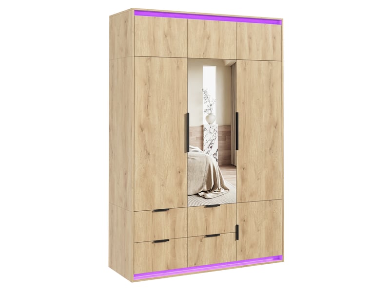  Armoire 3 portes 135x47x200 cm chêne anthracite, miroir, led, penderie et 4 tiroirs  - Conforama D