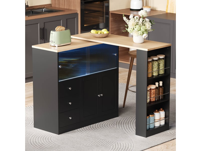  Desserte de cuisine avec 3 tiroirs, porte coulissante en verre, plateau pivotant et led, sur roulettes, en mdf noir  - Conforama B