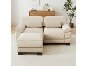Canapé d'angle modulable 2 places en velours côtelé beige, avec pouf, assise profonde, coussin lombaire, 194×161×94 cm