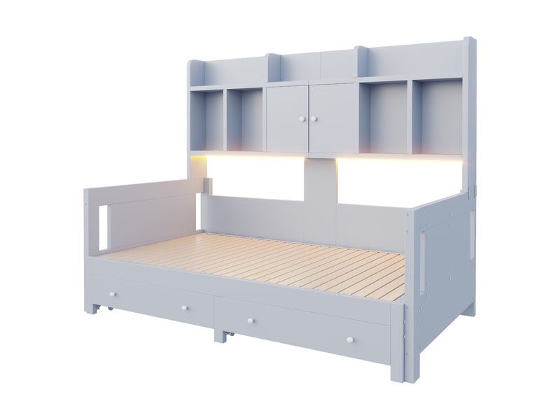 Lit gigogne 90x190 cm avec rangement - canapé lit extensible 180x190 cm - 2 tiroirs, led et prise - bois gris - Conforama W