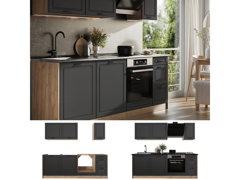 Vicco cuisine, anthracite campagnechêne doré, 220cm plan de travail chêne doré - Conforama C