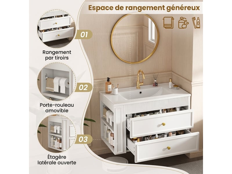  Meuble salle de bain suspendu 81 cm blanc avec vasque en céramique et porte-papier toilette  - Conforama D