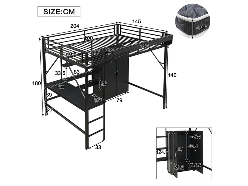  Lit mezzanine noir en métal et mdf 140x200cm avec bureau, double rangement, étagère et armoire intégrée  - Conforama B