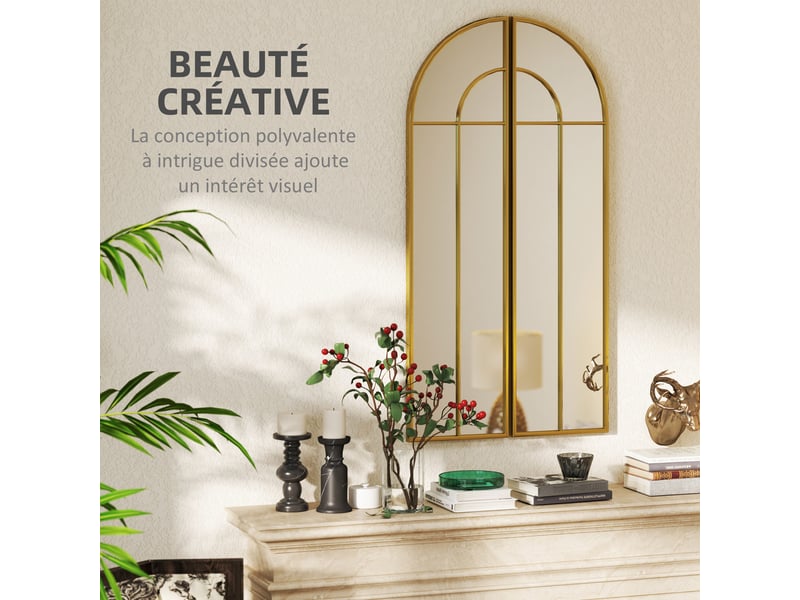 Miroir mural arc 30 x 120 cm, grand miroir décoratif avec cadre métallique, pour salon, chambre, ton doré, couloir  - Conforama A