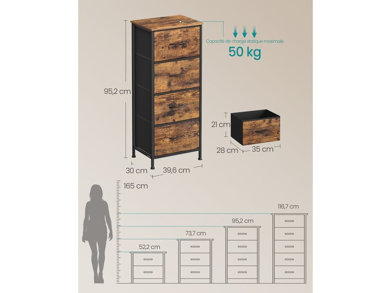  Commode 9 tiroirs rangement entrée ou salon 30 x 39,6 x 95,2 cm style rustique finition mate en mdf marron 12_0012957  - Conforama B