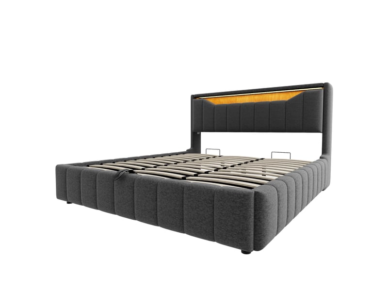 Lit coffre 180 × 200 cm en tissu effet lin gris, led, usb et usb-c IKSETERA TRADING LTD - Conforama W